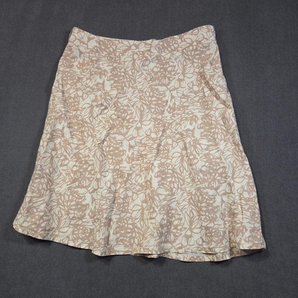 Merona A-Line Skirt Womens 14 Tan White 100% Linen Abstract Floral Side Zip